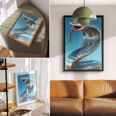 Lienzo decorativo moderno Serpiente metálica fondo azul intensidad roja