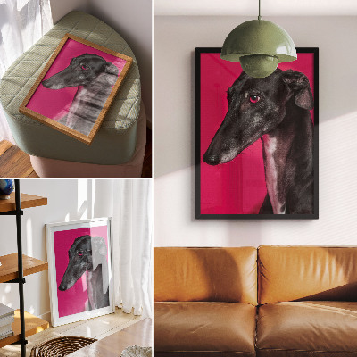 Lienzo decorativo moderno Un perro blanco y negro sobre un fondo rosa intenso.
