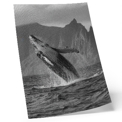 Póster de ballena saltando con montañas de fondo y colores saturados