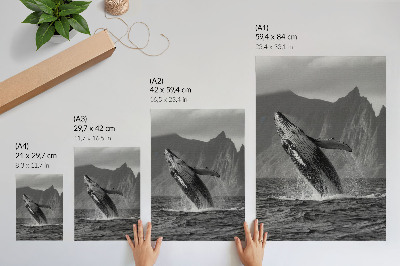Póster de ballena saltando con montañas de fondo y colores saturados