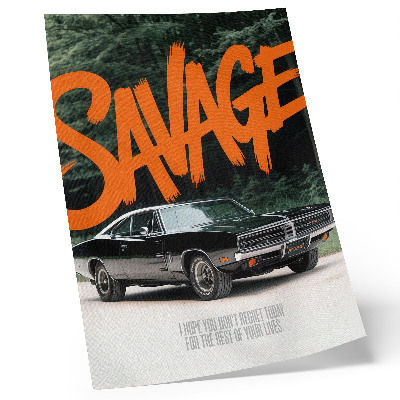 Póster Coche clásico con letras naranjas y temática natural