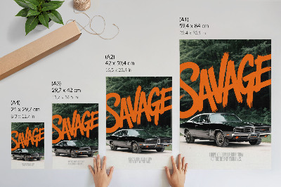 Póster Coche clásico con letras naranjas y temática natural
