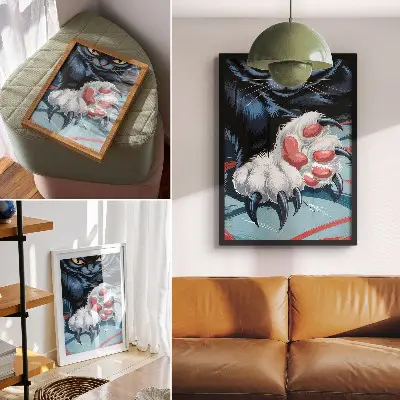 Póster de gato con garras de colores vivos y dinamismo intenso
