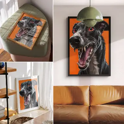 Póster de pelaje negro sobre fondo naranja con detalles expresivos