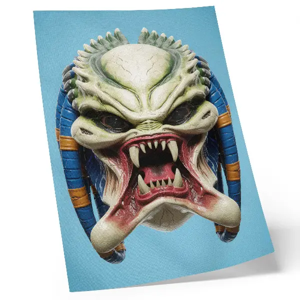 Póster de máscara de monstruo con colores saturados en verde y azul
