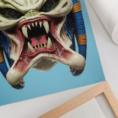 Póster con colores saturados Una llamativa máscara de monstruo en verde y azul.