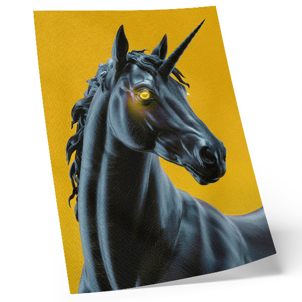 Póster Un unicornio sobre un fondo amarillo, mágico y misterioso.