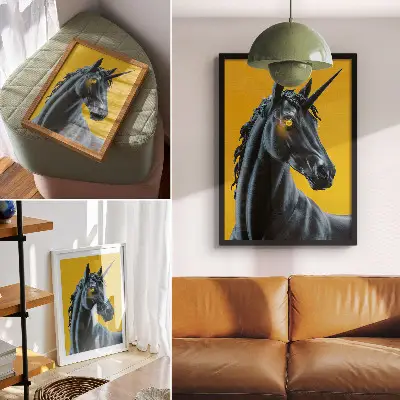 Póster de un unicornio sobre un fondo amarillo, mágico y misterioso