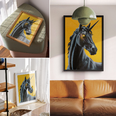 Póster Un unicornio sobre un fondo amarillo, mágico y misterioso.