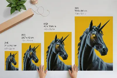 Póster de un unicornio sobre un fondo amarillo, mágico y misterioso