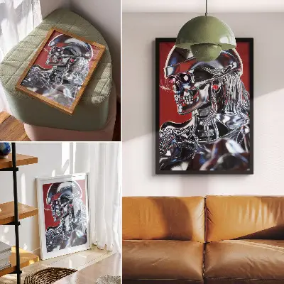 Póster de personaje futurista con colores saturados en negro y rojo