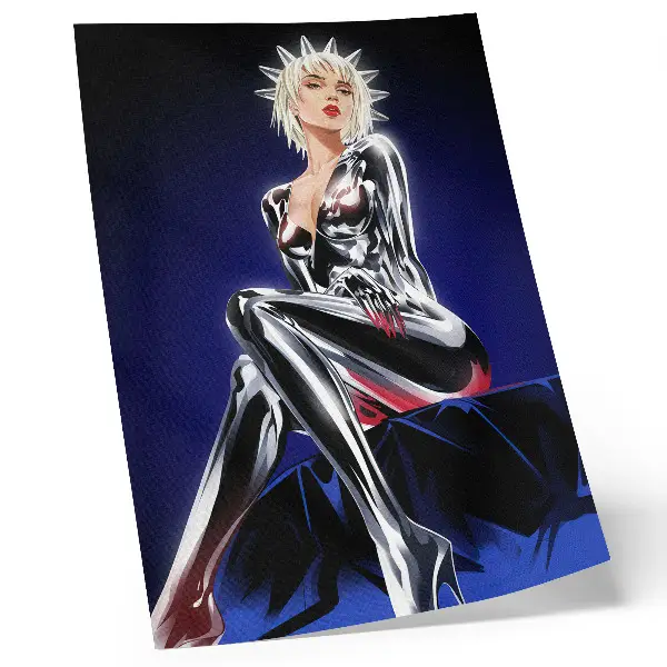 Póster de figura futurista con elementos brillantes y colores intensos