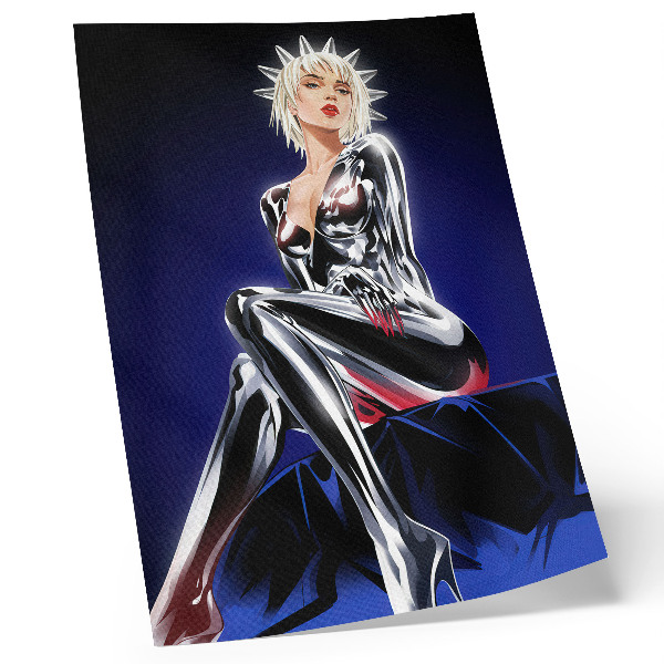 Póster Figura futurista, elementos brillantes, colores intensos.