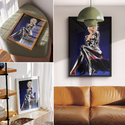 Póster Figura futurista, elementos brillantes, colores intensos.