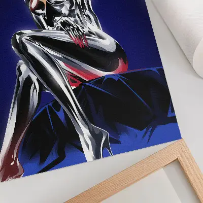 Póster de figura futurista con elementos brillantes y colores intensos