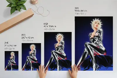 Póster de figura futurista con elementos brillantes y colores intensos