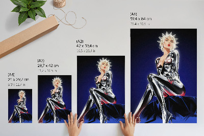 Póster Figura futurista, elementos brillantes, colores intensos.