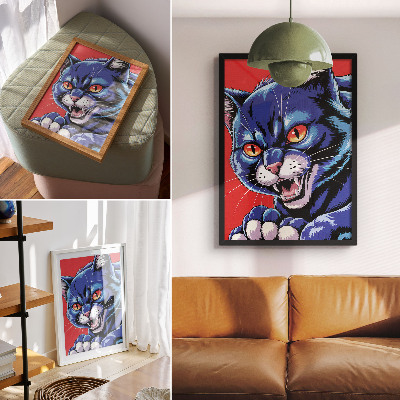 Póster con colores saturados Gato azul enérgico con detalles naranjas.