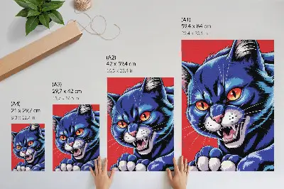 Póster de gato azul enérgico con detalles naranjas y colores saturados