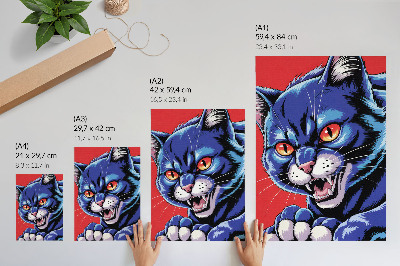 Póster con colores saturados Gato azul enérgico con detalles naranjas.