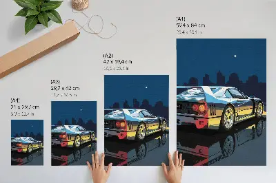 Póster de coche deportivo diseño de ciudad nocturna con elegancia moderna y colores saturados