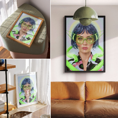 Lámina artística de alta calidad Un retrato futurista de una mujer con la energía del color.