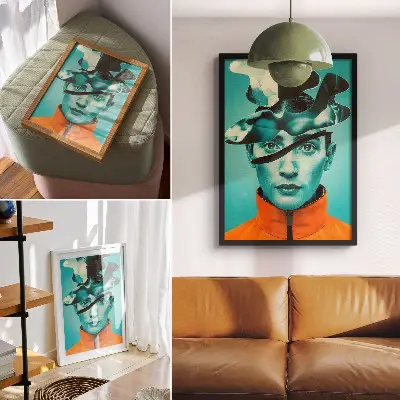 Póster con colores contrastantes, estilo surrealista y formas dinámicas