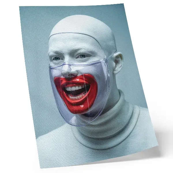 Póster rostro moderno con máscara y detalles en rojo brillante