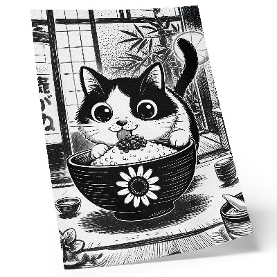 Póster de un gato en un tazón de arroz con estilo de cómic oriental
