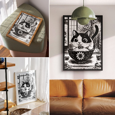 Póster de un gato en un tazón de arroz con estilo de cómic oriental