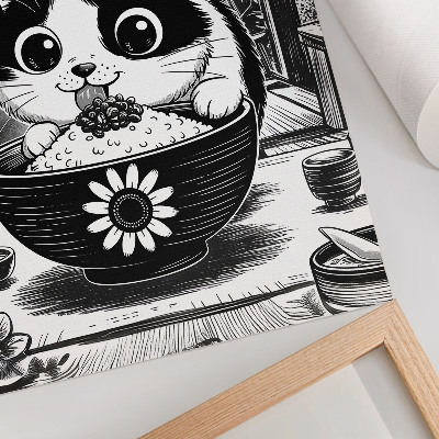 Póster de un gato en un tazón de arroz con estilo de cómic oriental