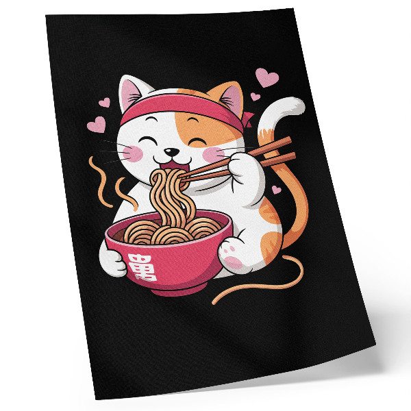 Póster de gatito rosa comiendo pasta con colores saturados