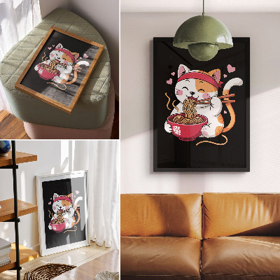 Póster de gatito rosa comiendo pasta con colores saturados
