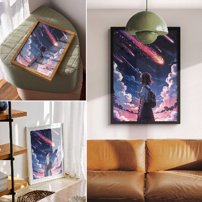 Póster El mágico paisaje de estrellas fugaces en el cielo nocturno.