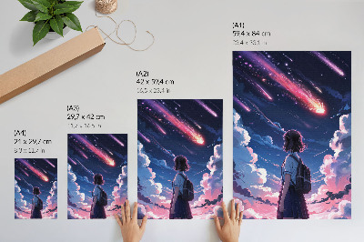 Póster El mágico paisaje de estrellas fugaces en el cielo nocturno.