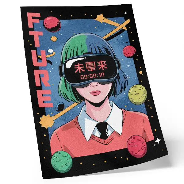 Póster de mujer en realidad virtual espacial con diseño de colores saturados y estilo moderno