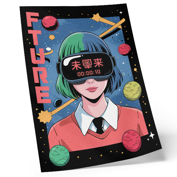 Póster con colores saturados Tema moderno de mujer en realidad virtual espacial