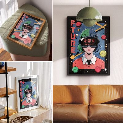 Póster con colores saturados Tema moderno de mujer en realidad virtual espacial