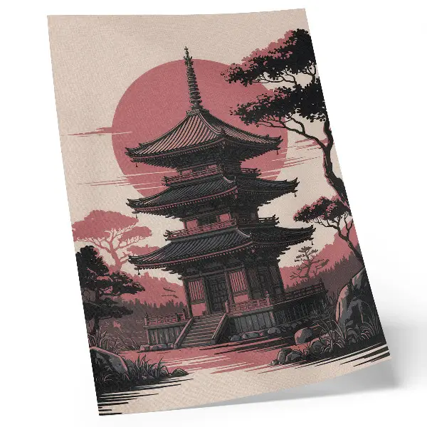 Lámina artística de alta calidad con diseño de pagoda oriental entre naturaleza y árboles que transmite armonía y estética