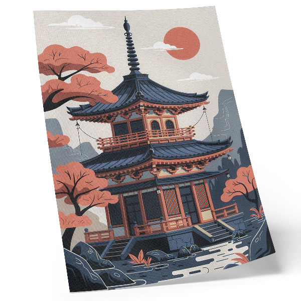 Póster con colores saturados Templo japonés en colores pastel, árboles, montañas, paz