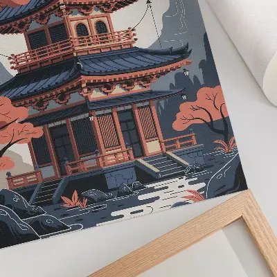 Póster de templo japonés con árboles y montañas en suaves tonos pastel