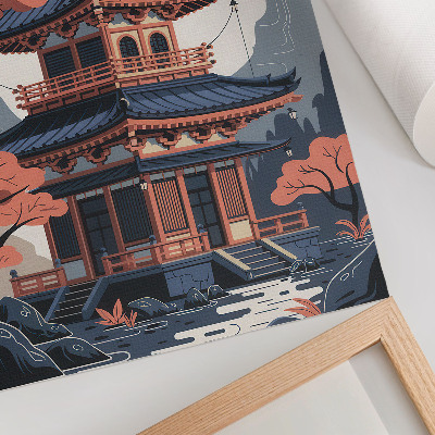 Póster con colores saturados Templo japonés en colores pastel, árboles, montañas, paz