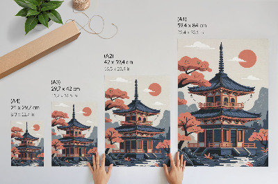 Póster con colores saturados Templo japonés en colores pastel, árboles, montañas, paz