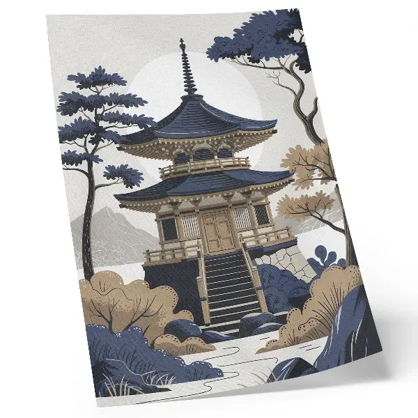 Lámina artística de alta calidad con diseño de pagoda, árbol y montaña inspirado en la paz y la armonía