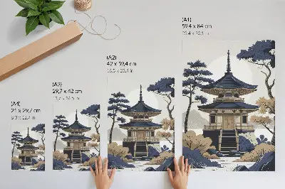 Lámina artística de alta calidad con diseño de pagoda, árbol y montaña inspirado en la paz y la armonía