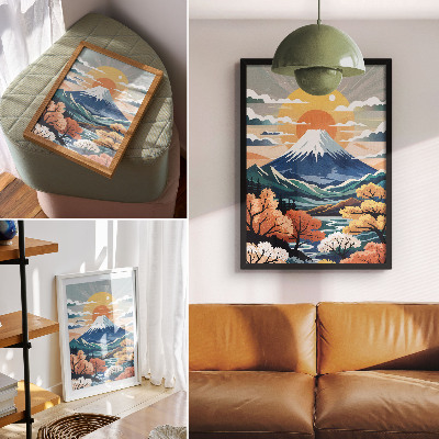 Lienzo decorativo moderno Montañas nevadas, bosque colorido, puesta de sol