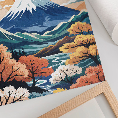 Lienzo decorativo moderno Montañas nevadas, bosque colorido, puesta de sol