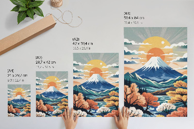 Lienzo decorativo moderno Montañas nevadas, bosque colorido, puesta de sol