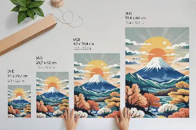 Lienzo decorativo moderno montañas nevadas con bosque colorido al atardecer
