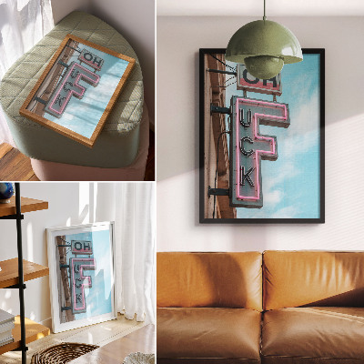 Póster con colores saturados Letrero de neón retro, cielo azul, colores intensos